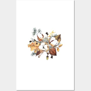 Watercolor composition with cotton flowers and leaves Posters and Art